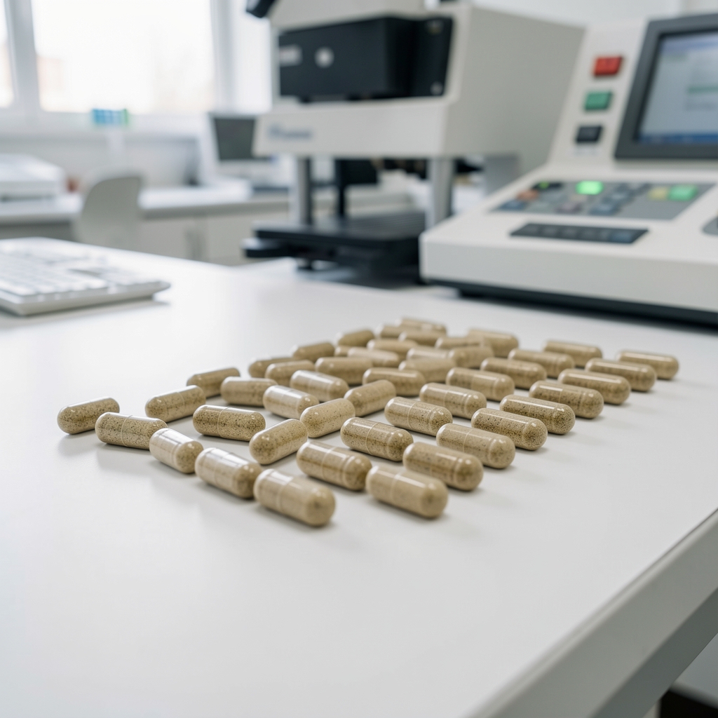 Closeup of natural herb capsule shells arranged in rows on a white quality-control surface in a clean workspace