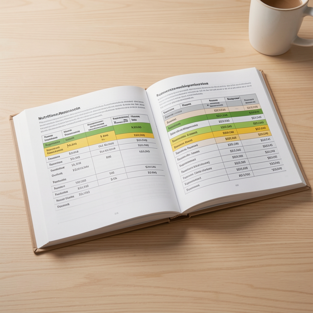 Nutrition research documents and open journal with highlighted ingredient tables on a clean wooden desk under controlled studio lighting