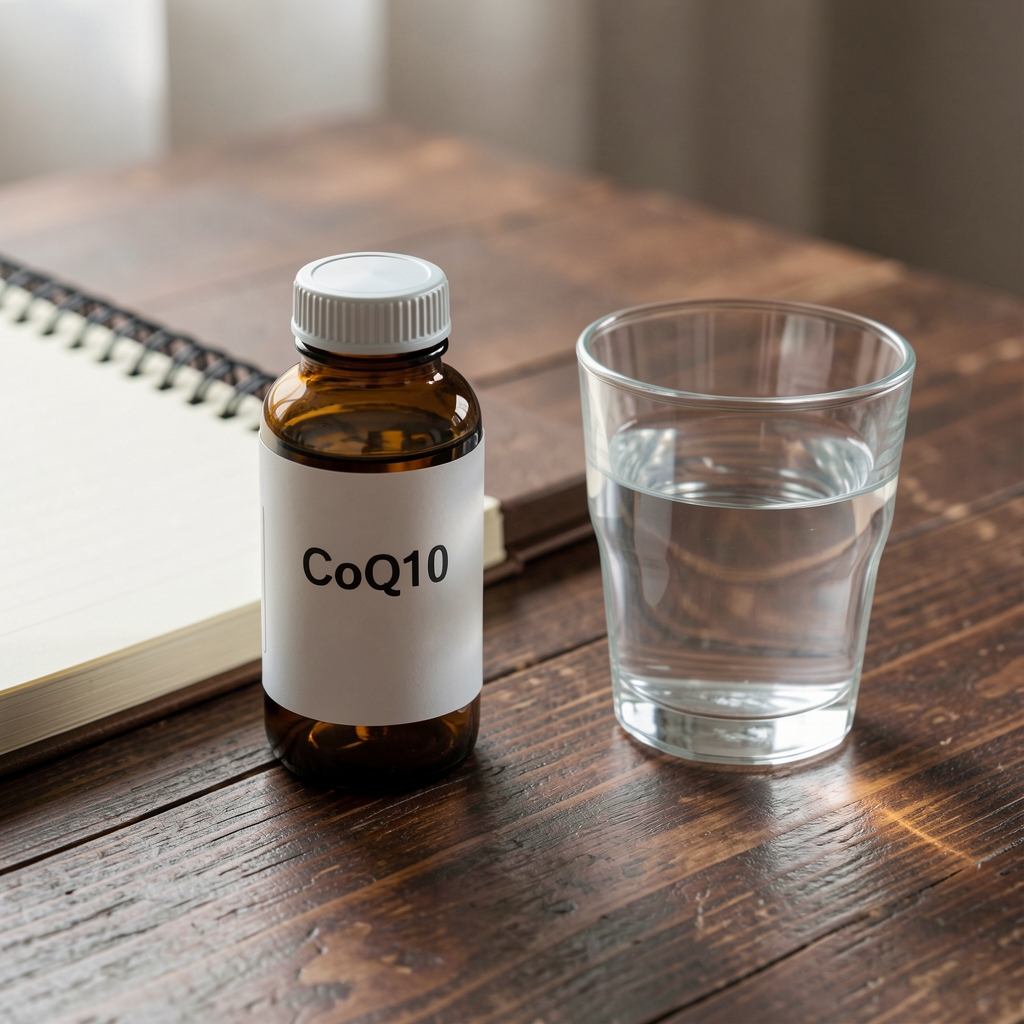 Amber glass bottle of CoQ10 supplement resting on a dark oak table next to a glass of water and a notebook in natural light